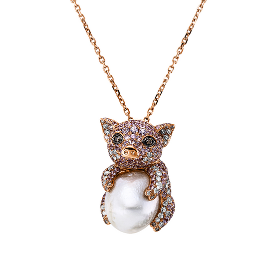 Collier 18 kt RG,55 Brill. 0,60 ct, fancy-vsi/si, 188 Saphire 2,82 ct pink, 1 ZP, barock weiß 13,4 mm