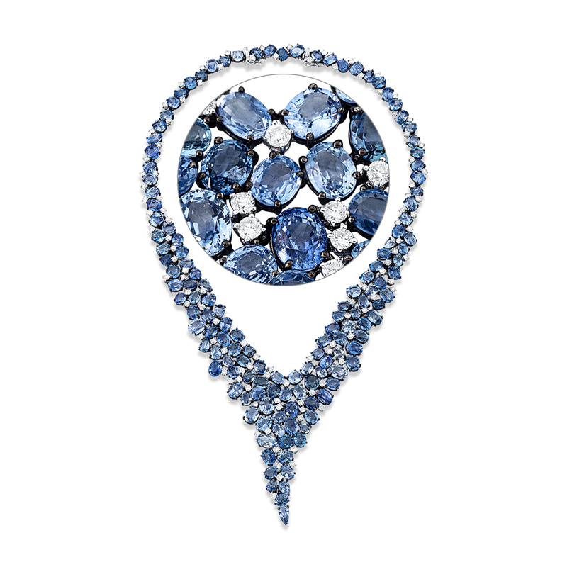 Collier 18 kt WG, Fassung teils schwarz rhodinie, 104 Brill. 8,71 ct, TW-si, 136 Saphire 179,68 ct blau