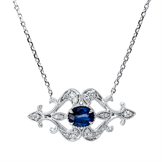 Collier 18 kt WG, mit ZÖ 41 cm + 43 cm, 18 Brill. 0,11 ct, TW-si, 1 Saphir 0,43 ct blau
