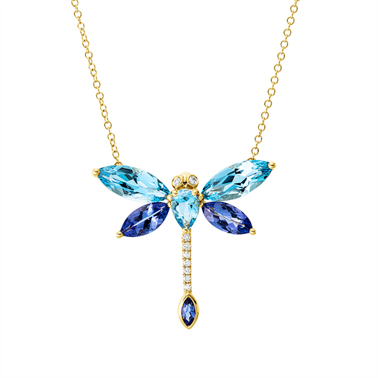 Collier 18 kt GG, mit ZÖ 40,6 cm, 9 Brill. 0,06 ct, TW-si, 3 Topase 2,90 ct blau, 3 Tansanit 1,30 ct blau