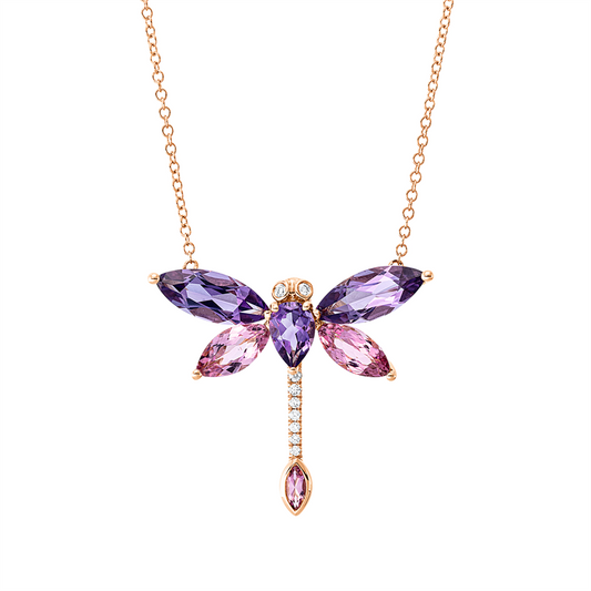 Collier 18 kt RG, mit ZÖ 40,6 cm, 9 Brill. 0,06 ct, TW-si, 3 Amethyste 2,20 ct lila, 3 Turmalin 1,20 ct pink