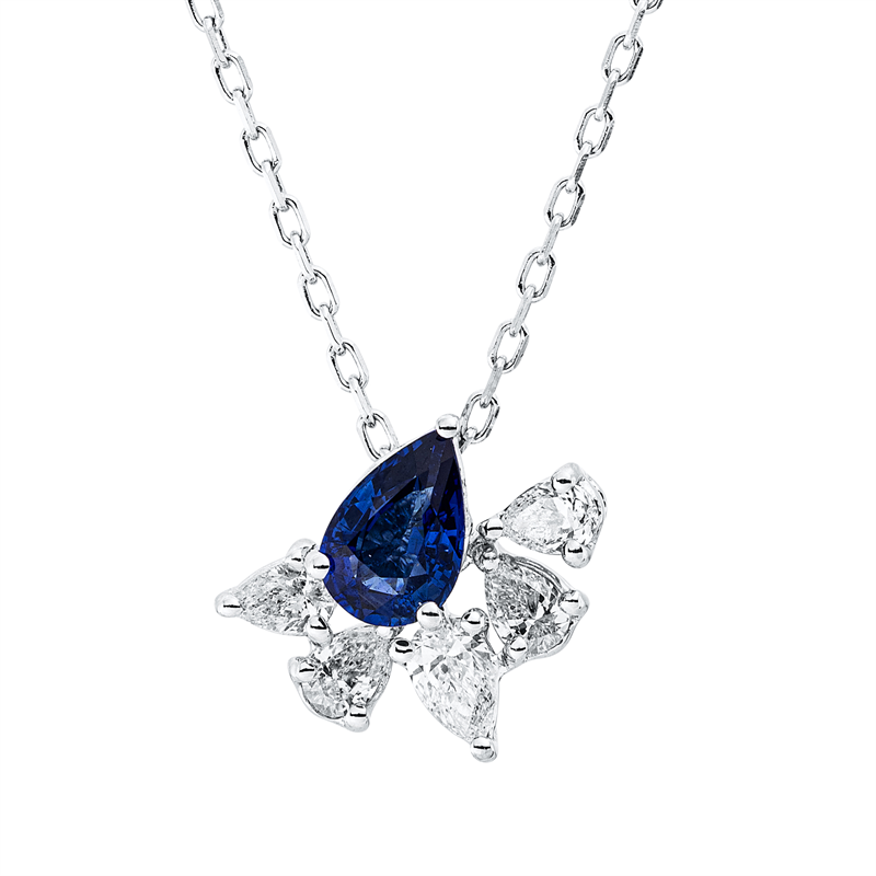 18 kt WG, mit ZÖ 40.6 cm + 43.2 cm, 1 Tropfen 0,09 ct, 4 Tropfen 0,22 ct, TW-si, 1 Saphir 0,50 ct