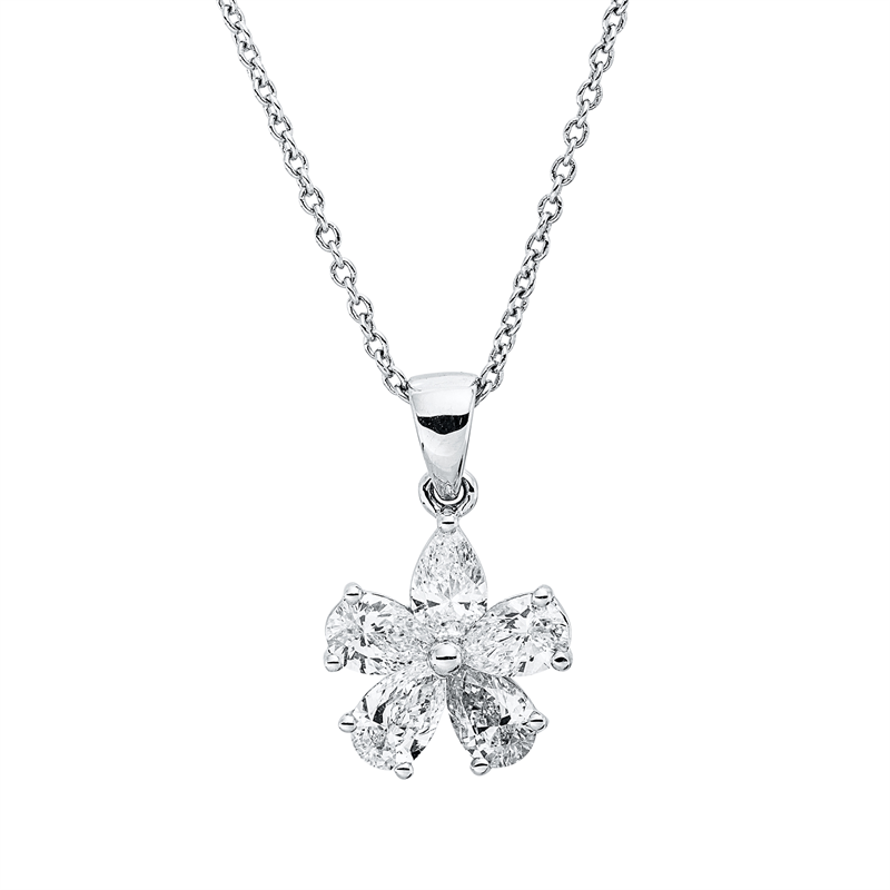 Collier 18 kt WG, mit ZÖ 42 cm, 5 Tropfen 0,76 ct, TW-vsi
