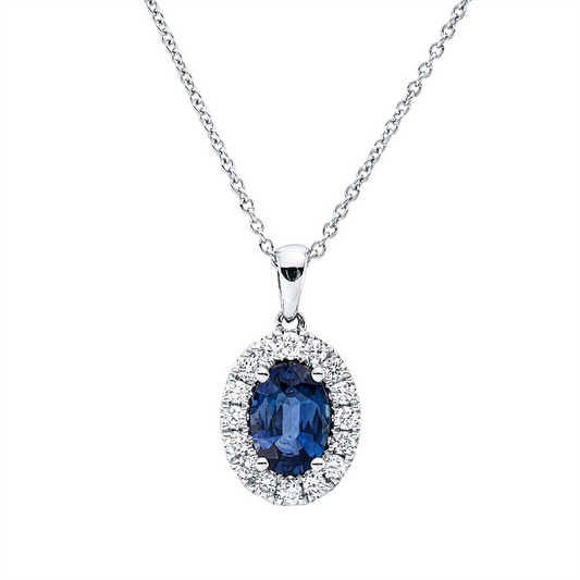 Collier 18 kt WG, mit ZÖ 42 cm, 16 Brill. 0,19 ct, TW-vsi, 1 Saphir 0,84 ct blau