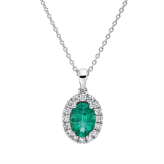 Collier 18 kt WG, mit ZÖ 42 cm, 16 Brill. 0,18 ct, TW-vsi, 1 Smaragd 0,77 ct grün
