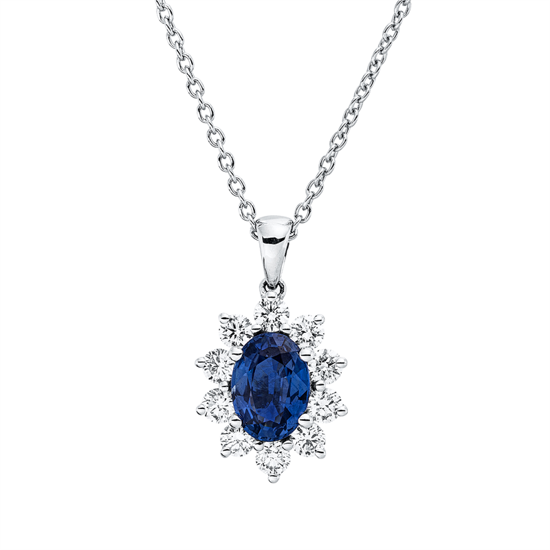 Collier 18 kt WG, mit ZÖ 42 cm, 10 Brill. 0,45 ct, TW-vsi, 1 Saphir 0,97 ct blau