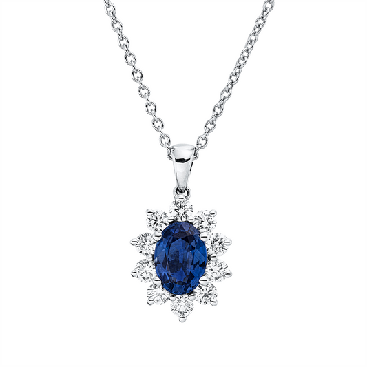 Collier 18 kt WG, mit ZÖ 42 cm, 10 Brill. 0,45 ct, TW-vsi, 1 Saphir 0,97 ct blau