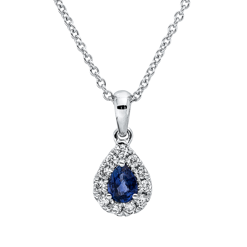 Collier 18 kt WG, mit ZÖ 42 cm, 11 Brill. 0,08 ct, TW-vsi, 1 Saphir 0,18 ct blau
