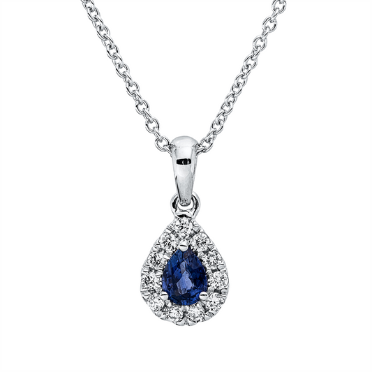 Collier 18 kt WG, mit ZÖ 42 cm, 11 Brill. 0,08 ct, TW-vsi, 1 Saphir 0,18 ct blau
