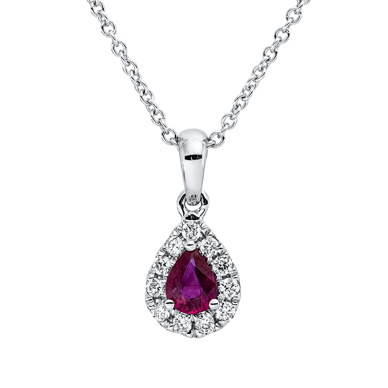 Collier 18 kt WG, mit ZÖ 42 cm, 11 Brill. 0,08 ct, TW-si, 1 Rubin 0,18 ct rot