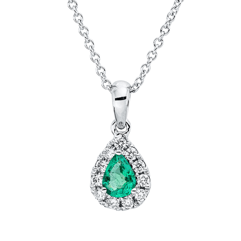 Collier 18 kt WG, mit ZÖ 42 cm, 11 Brill. 0,08 ct, TW-vsi, 1 Smaragd 0,15 ct grün