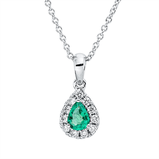 Collier 18 kt WG, mit ZÖ 42 cm, 11 Brill. 0,08 ct, TW-vsi, 1 Smaragd 0,15 ct grün