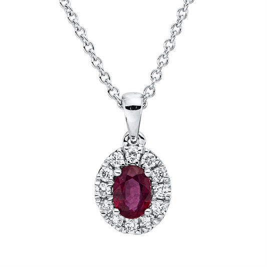 Collier 18 kt WG, mit ZÖ 42 cm, 12 Brill. 0,09 ct, TW-vsi, 1 Rubin 0,27 ct rot