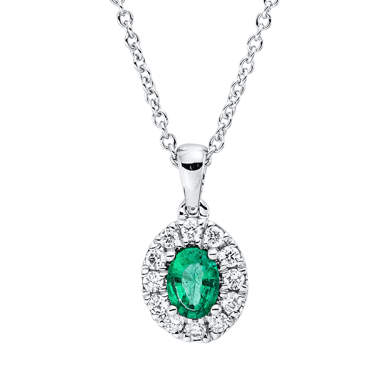 Collier 18 kt WG, mit ZÖ 42 cm, 12 Brill. 0,09 ct, TW-vsi, 1 Smaragd 0,12 ct grün