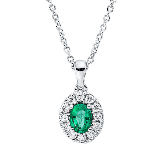 Collier 18 kt WG, mit ZÖ 42 cm, 12 Brill. 0,09 ct, TW-vsi, 1 Smaragd 0,12 ct grün
