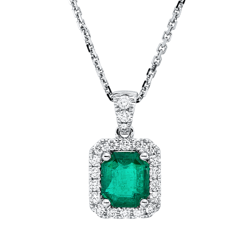 Collier 18 kt WG, mit ZÖ 42 cm, 21 Brill. 0,24 ct, TW-vsi, 1 Smaragd 0,89 ct grün
