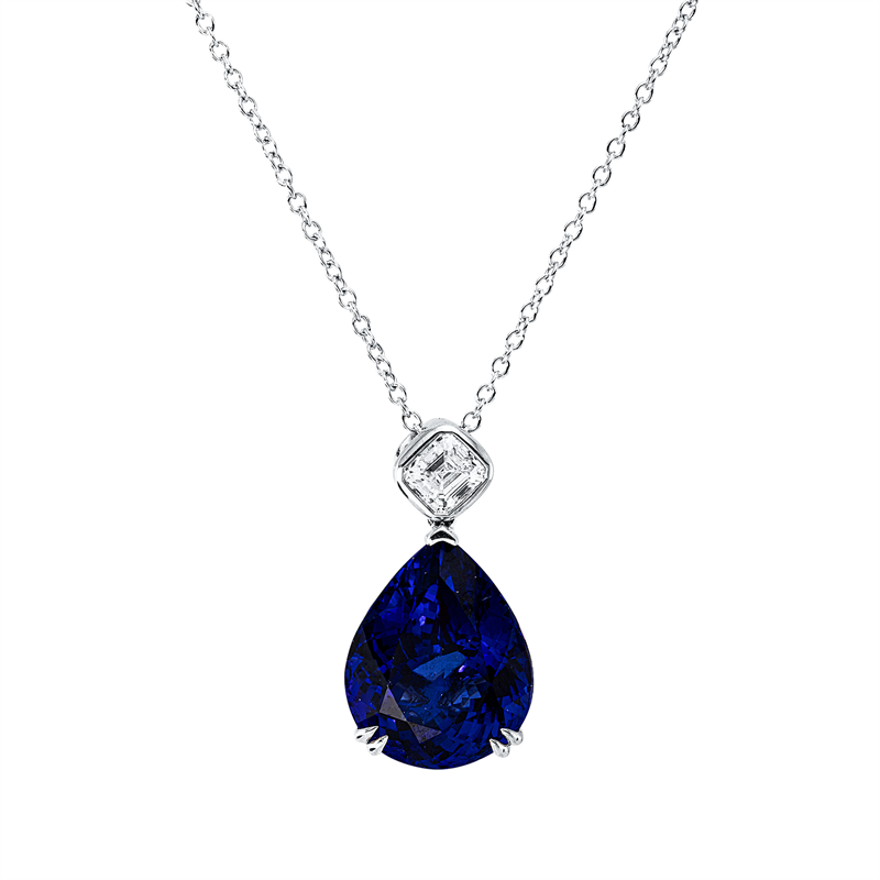 Collier 18 kt WG, mit ZÖ 40,6 cm, 1 Assher 1,01 ct, TW-vsi, 1 Tansanit 18,09 ct blau