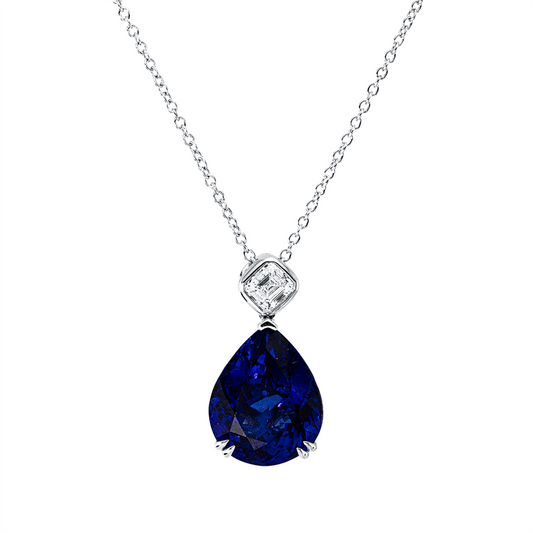 Collier 18 kt WG, mit ZÖ 40,6 cm, 1 Assher 1,01 ct, TW-vsi, 1 Tansanit 18,09 ct blau