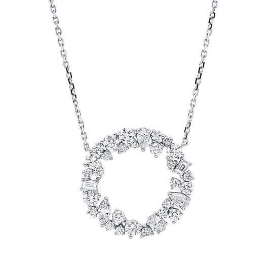 Collier 18 kt WG, 2 Tropfen 0,16ct, 1 Oval 0,09ct, 1 Nav.0,09ct, 2 Bag.0,12ct,27 Brill. 1,07ct, TW-vsi