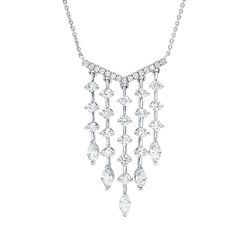 Collier 18 kt WG, mit ZÖ 43 cm, 19 Brill. 0,78 ct, TW-si, 5 Nav. 0,52 ct, TW-vsi, 15 Brill. 0,10 ct, TW-si