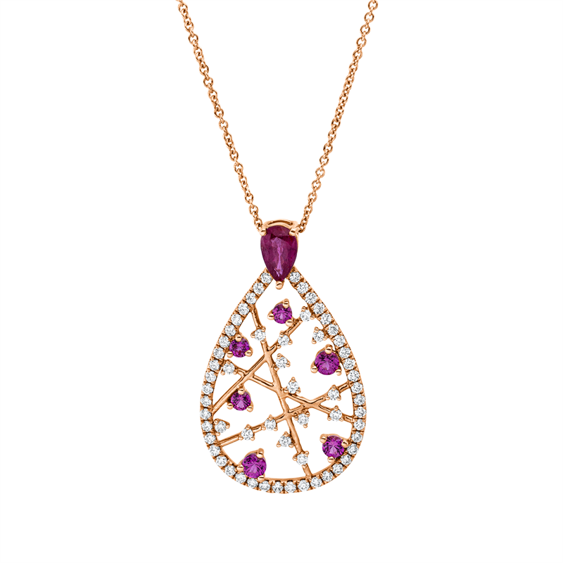 Collier 18 kt RG, 59 Brill. 0,39 ct, TW-si, 1 Rubin 0,39 ct rot, 6 Rubine 0,36 ct rot