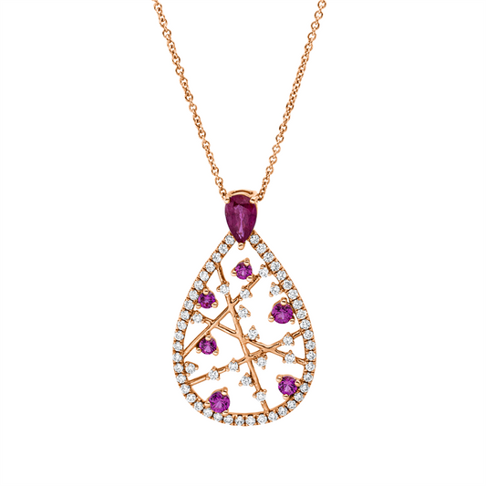Collier 18 kt RG, 59 Brill. 0,39 ct, TW-si, 1 Rubin 0,39 ct rot, 6 Rubine 0,36 ct rot