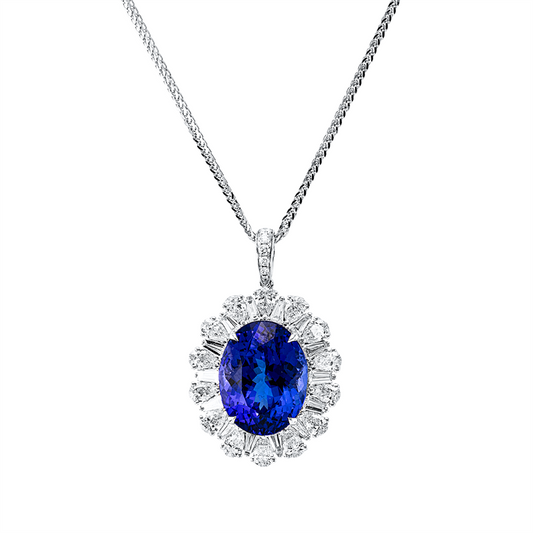Collier 18 kt WG, 14 Tropfen 1,38ct,14 Trap.0,57ct,6 Brill. 0,05ct, F-vvs/vs, 1 Tansanit 9,21 ct blau