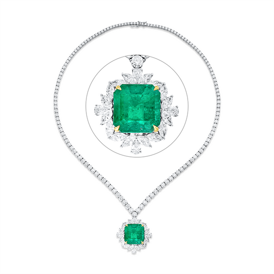 Collier 18 kt,4 Tropfen 0,61ct,16 Nav.2,25ct,138 Brill.14,88ct,F-vvs/vs,1 Smaragd 15,22ct grün