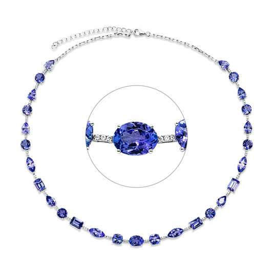 Collier 18 kt WG, 78 Brill. 0,36 ct, F-vsi, 27 Tansanit 23,10 ct blau