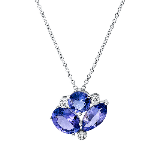 Collier 18 kt WG, mit ZÖ 40,6 cm, 3 Brill. 0,09 ct, F-vsi, 3 Tansanit 3,20 ct blau