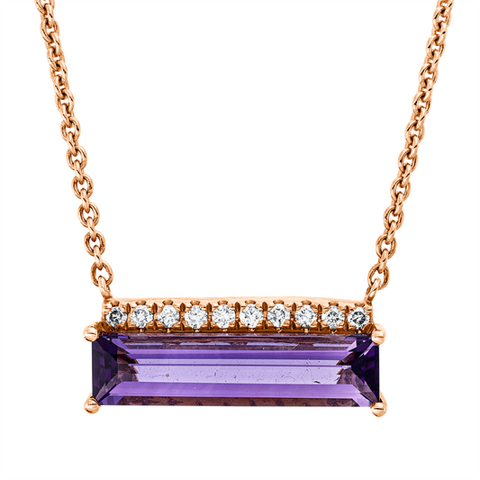 Collier 14 kt RG, mit ZÖ 40 cm + 43 cm, 10 Brill. 0,10 ct, W-si/pi, 1 Amethyst 1,83 ct lila