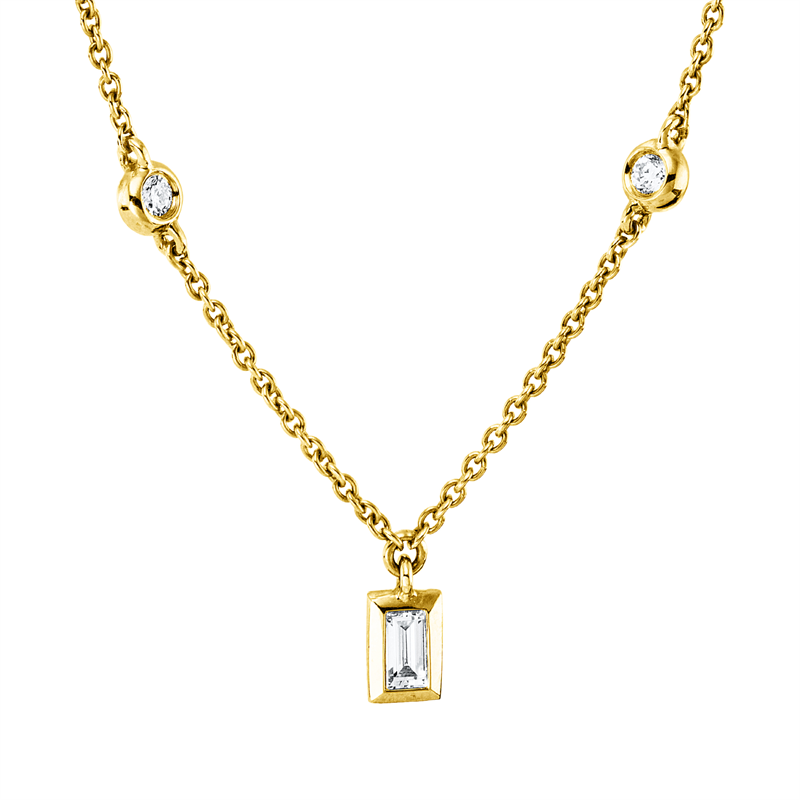 Collier 18 kt GG, mit ZÖ 40 cm + 43 cm, 4 Brill. 0,11 ct, W-si, 5 Bag. 0,42 ct, W-si