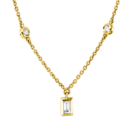 Collier 18 kt GG, mit ZÖ 40 cm + 43 cm, 4 Brill. 0,11 ct, W-si, 5 Bag. 0,42 ct, W-si