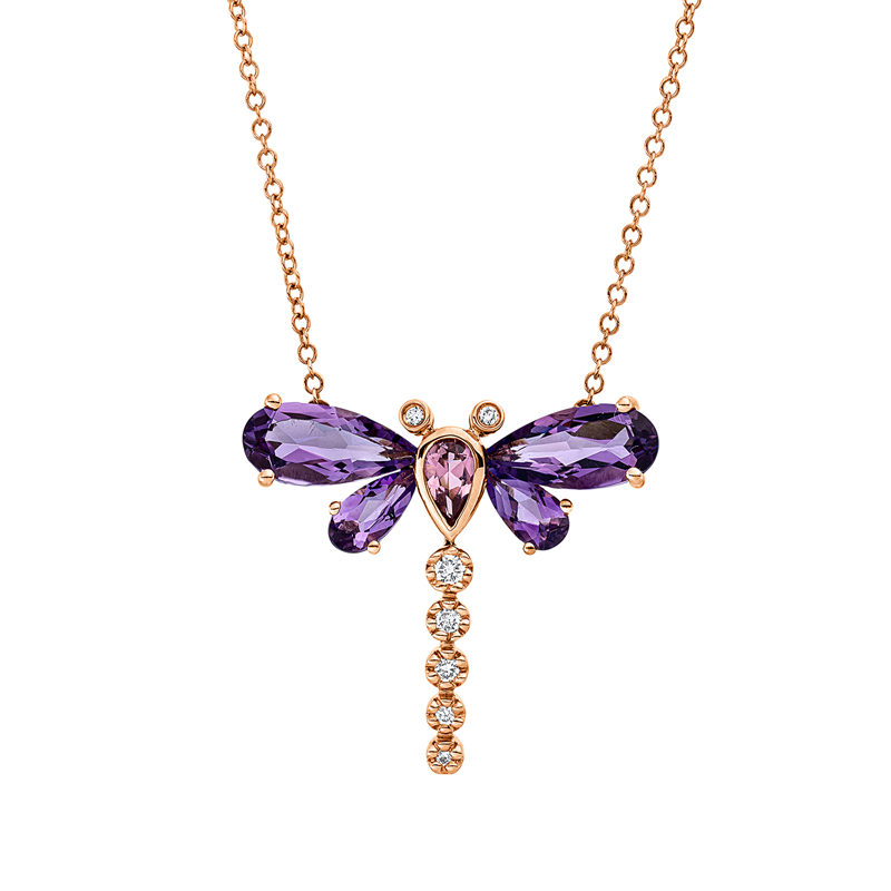 Collier 18 kt RG, mit ZÖ 40,6 cm, 7 Brill. 0,08 ct, TW-si, 4 Amethyste 1,90ct pink, 1 Turmalin 0,20ct pink