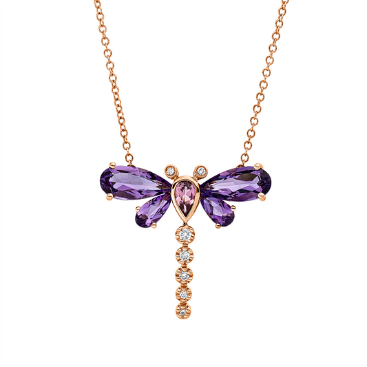 Collier 18 kt RG, mit ZÖ 40,6 cm, 7 Brill. 0,08 ct, TW-si, 4 Amethyste 1,90ct pink, 1 Turmalin 0,20ct pink