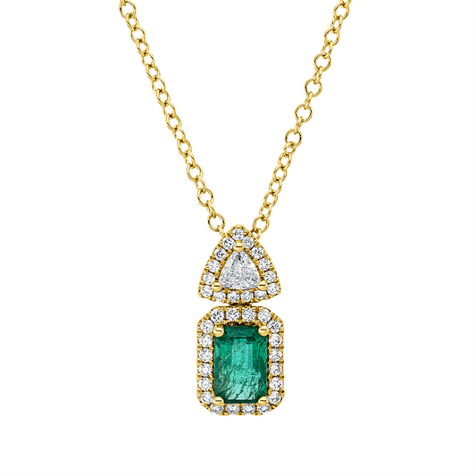 Collier 18 kt GG, mit ZÖ 40 cm, 1 Triangel 0,13 ct, 35 Brill. 0,17 ct, TW-vsi, 1 Smaragd 0,58 ct grün