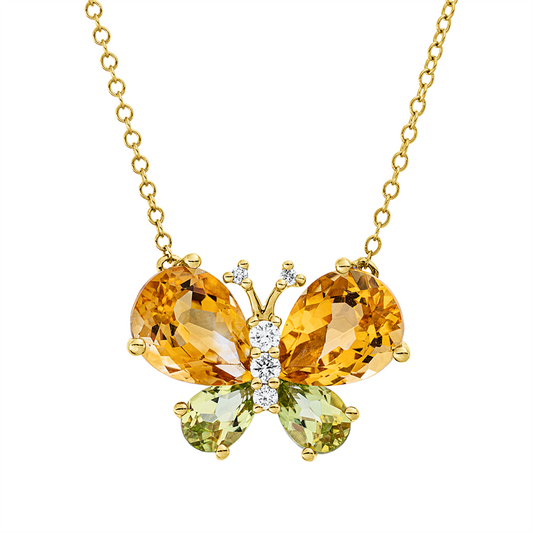 Collier 18 kt GG, mit ZÖ 40,6 cm, 5 Brill. 0,10 ct, TW-si, 2 Citrin 3,20 ct gelb, 2 Peridot 0,90 ct grün