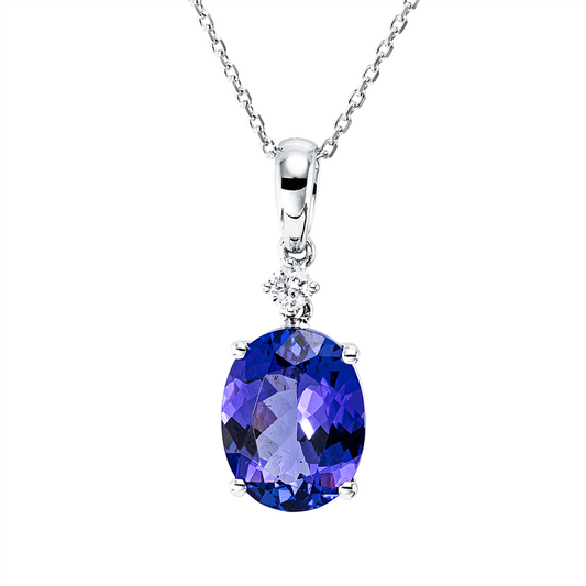 Collier 18 kt WG, mit ZÖ 40,5 cm + 43 cm, 1 Brill. 0,09 ct, TW-si, 1 Tansanit 4,83 ct blau