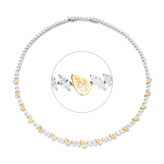 Collier 18 kt WG+GG, 87 Nav. 13,50 ct, TW-si, 1 Tropfen 1,02 ct, gelb, 14 Tropfen 10,70 ct, gelb