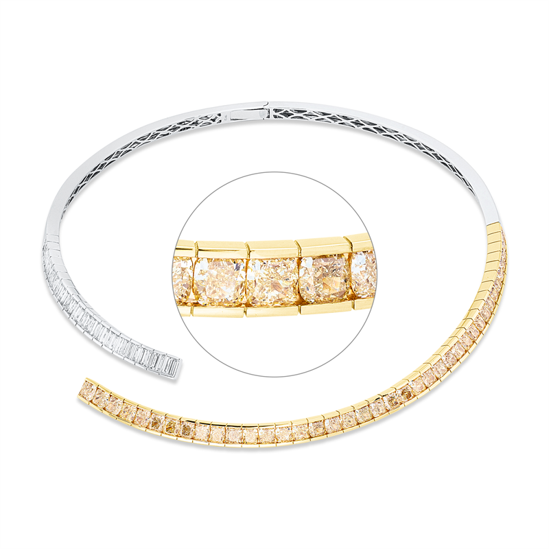 Collier 18 kt WG+GG, choker, 38 Bag. 3,10 ct, TW-si, 39 Cushion 16,20 ct, gelb