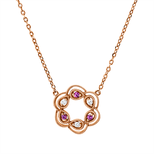 Collier 18 kt RG, mit ZÖ 43,0 + 42,5 + 41,0 cm, 3 Brill. 0,03 ct, TW-si, 3 Saphire 0,04 ct pink