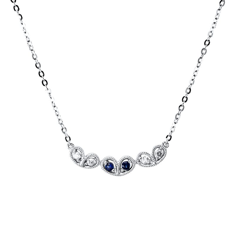 Collier 18 kt WG, mit Silikonschieber, 4 Brill. 0,05 ct, TW-si, 2 Saphire 0,05 ct blau