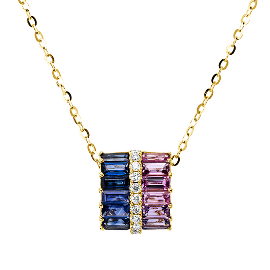 Collier 18 kt GG, mit ZÖ 43,5 cm + 42 cm, 11 Brill. 0,12 ct, W-si, 14 Saphire 1,85 ct multicolor