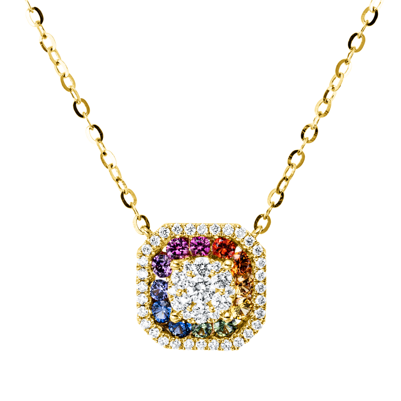 Collier 18 kt GG, mit ZÖ 43,5 cm + 42,0 cm, 45 Brill. 0,30 ct, TW-si, 12 Saphire 0,33 ct multicolor