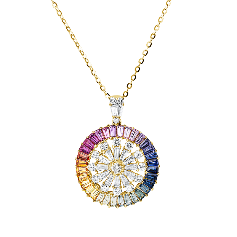 Collier 18 kt GG, mit ZÖ 42,5 cm + 40,0 cm, 14 Tr. 0,57 ct, 16 Br. 0,61 ct, TW-si, 32 Sap 1,86 ct multi