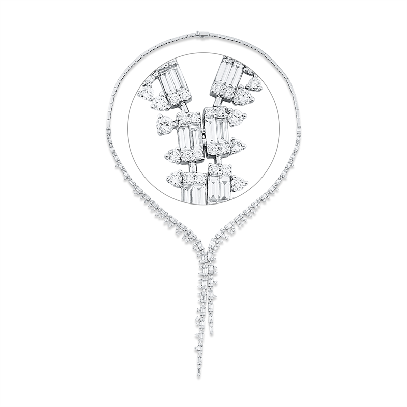 Collier 18 kt WG, 34 Bag. 2,35 ct, TW-vsi, 58 Bag. 2,53 ct, TW-vsi, 261 Brill. 4,09 ct, TW-si
