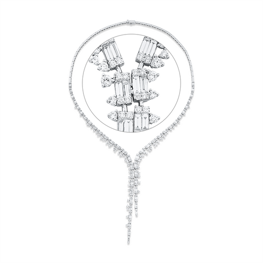 Collier 18 kt WG, 34 Bag. 2,35 ct, TW-vsi, 58 Bag. 2,53 ct, TW-vsi, 261 Brill. 4,09 ct, TW-si