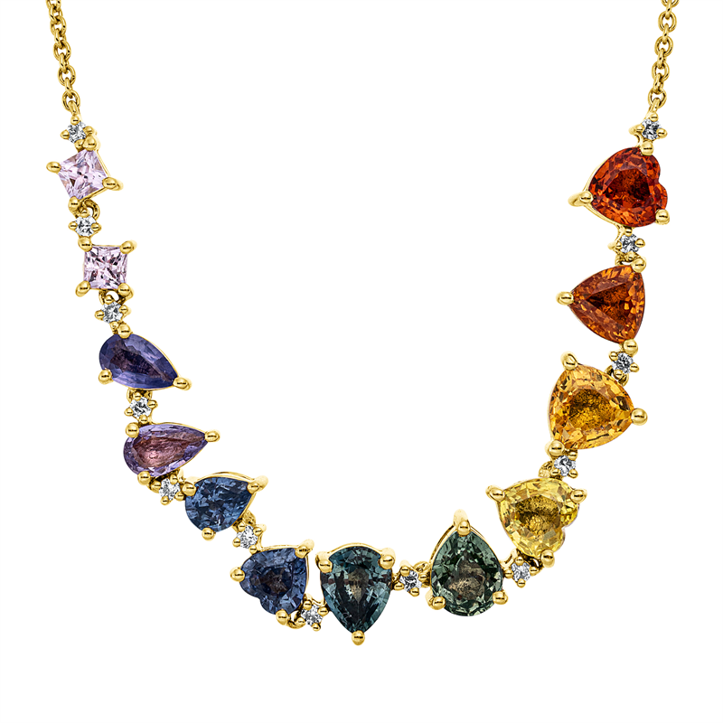 Collier 18 kt GG, mit ZÖ 41,5 cm + 43 cm, 13 Brill. 0,11 ct, TC-si, 12 Saphire 3,63 ct multicolor