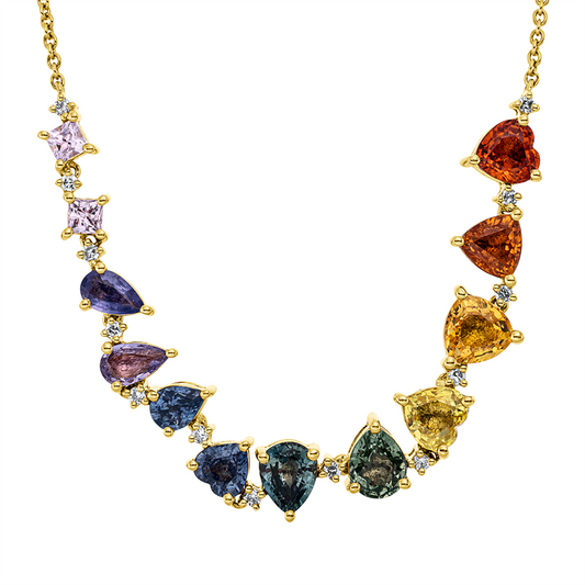 Collier 18 kt GG, mit ZÖ 41,5 cm + 43 cm, 13 Brill. 0,11 ct, TC-si, 12 Saphire 3,63 ct multicolor