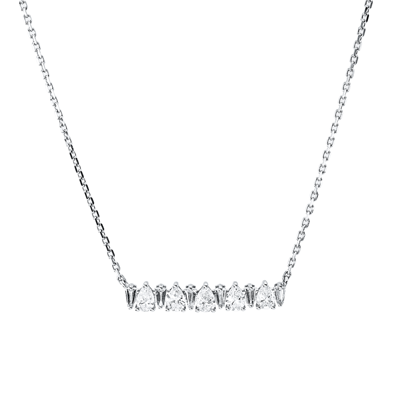 Collier 18 kt WG, mit ZÖ 40 cm, 5 Tropfen 0,41 ct, TW-si, 6 Trap. 0,12 ct, TW-si
